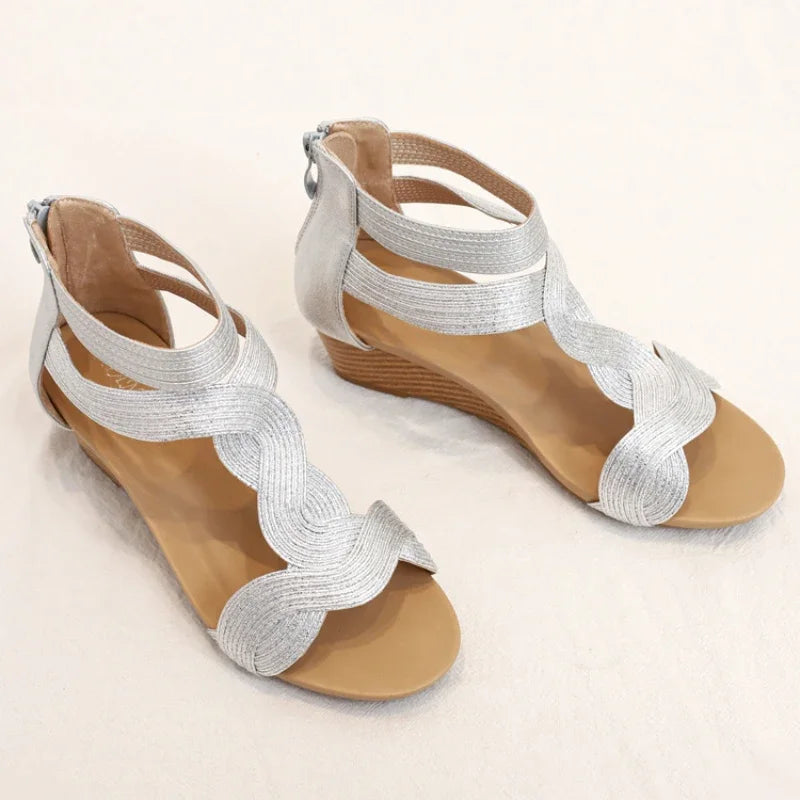 Summer Sandals Women Wedges Shoes Soft Leather T Strap Zipper Open Cover Heel Design Ladies Shoes Female Large plus Size