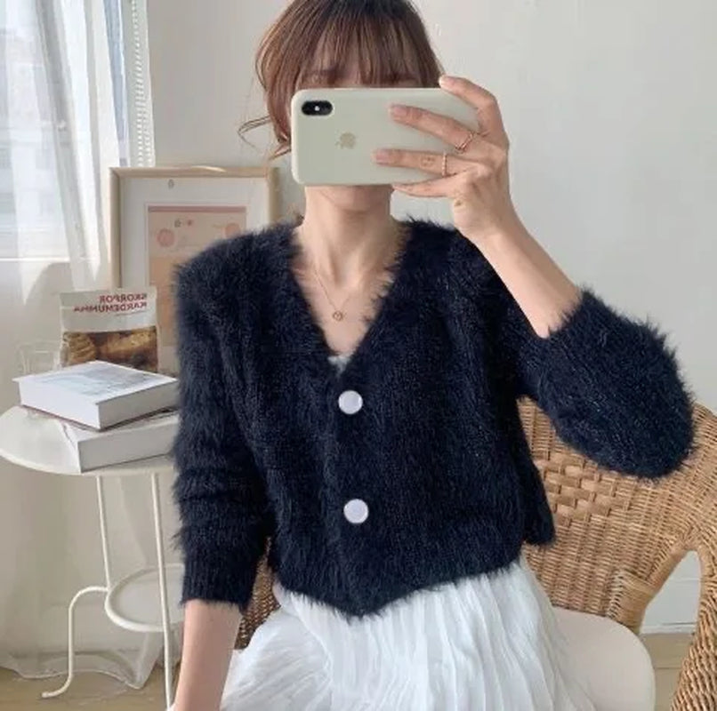 2023 Autumn New Mink Fleece Jacket Knit Sweater Wool Outer Wear Purple Sweater Cardigan Women Short Style