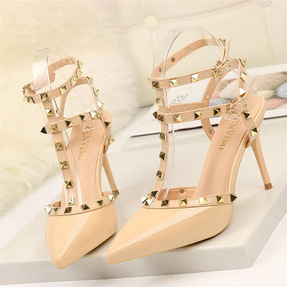 2023 Summer Women 9Cm High Heels Rivets Sandals Designer Suede Nude Purple Stiletto Heels Gladiator Sandals Lady Studded Shoes