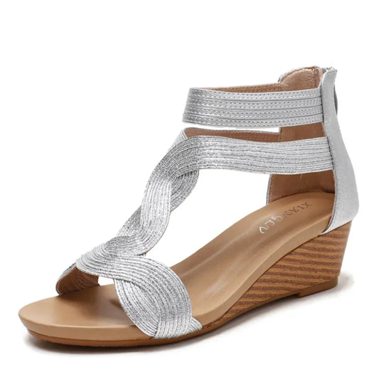 Summer Sandals Women Wedges Shoes Soft Leather T Strap Zipper Open Cover Heel Design Ladies Shoes Female Large plus Size