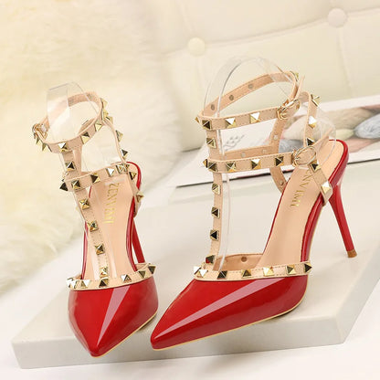 2023 Summer Women 9Cm High Heels Rivets Sandals Designer Suede Nude Purple Stiletto Heels Gladiator Sandals Lady Studded Shoes