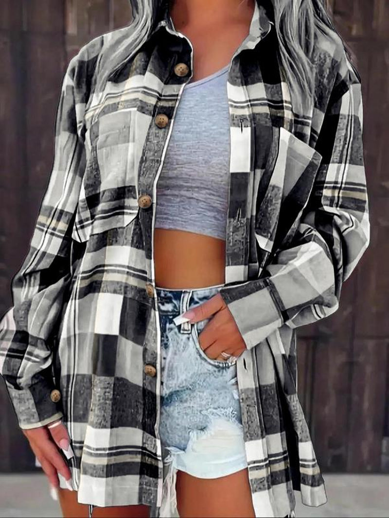 Women'S Plaid Print Button Front Drop Shoulder Collared Shirt for Spring & Fall, Comfort Casual Chic Minimalist Longsleeves Womenswear, Collar Pocket Top, Lady Blouse, Clothes for Women, Trending Clothing Women