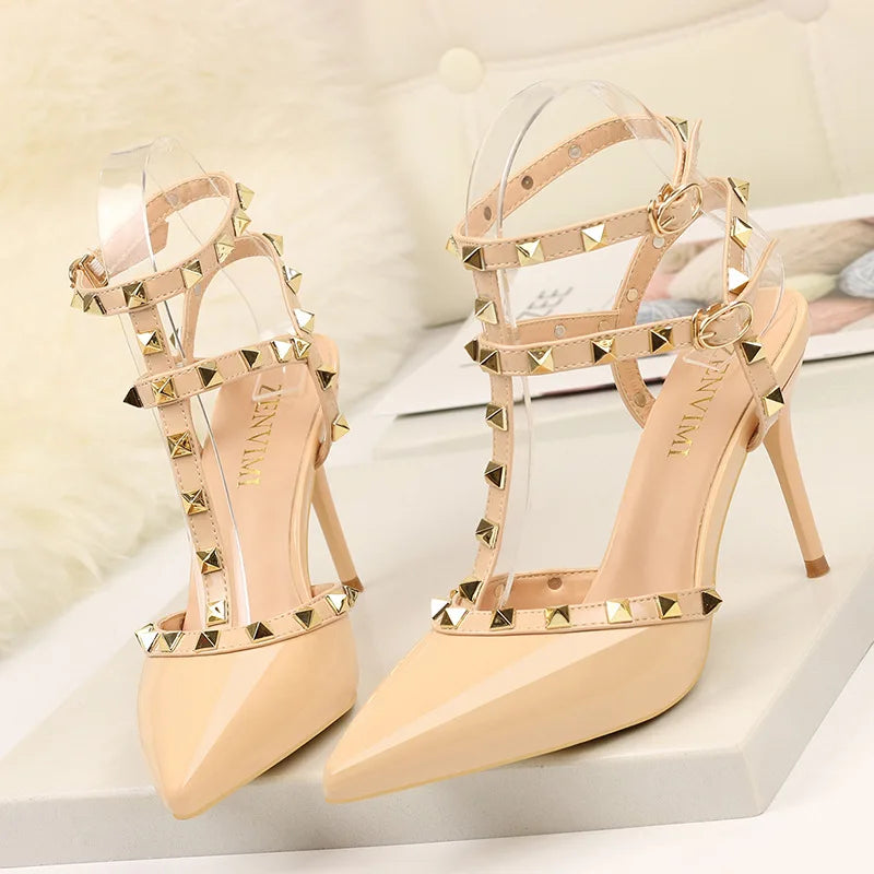 2023 Summer Women 9Cm High Heels Rivets Sandals Designer Suede Nude Purple Stiletto Heels Gladiator Sandals Lady Studded Shoes