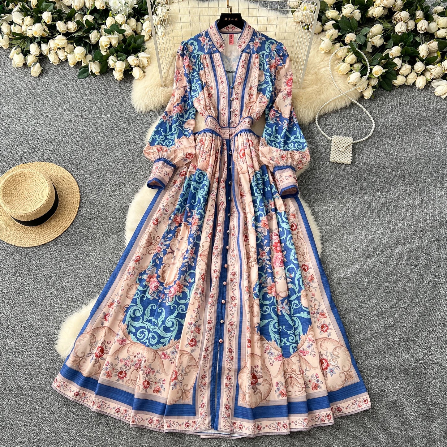 Elegant Vintage V-neck Single Breasted Long Sleeve Waist Print European and American Fashion PleatedL Long Dress