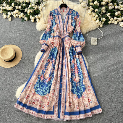 Elegant Vintage V-neck Single Breasted Long Sleeve Waist Print European and American Fashion PleatedL Long Dress