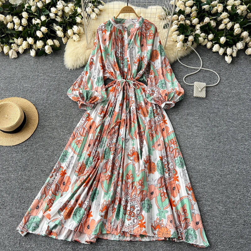 LY0052  New 2025 European Bohemian O-neck Print  MIDI-Length Long Sleeve Dress Women Dresses Clothing Wholesale