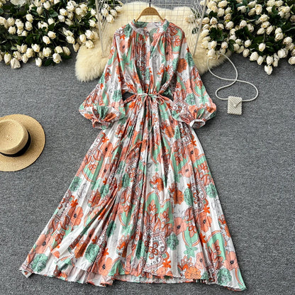 LY0052  New 2025 European Bohemian O-neck Print  MIDI-Length Long Sleeve Dress Women Dresses Clothing Wholesale