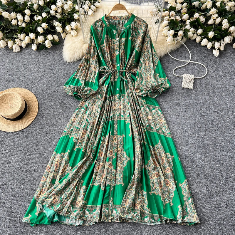 LY0052  New 2025 European Bohemian O-neck Print  MIDI-Length Long Sleeve Dress Women Dresses Clothing Wholesale