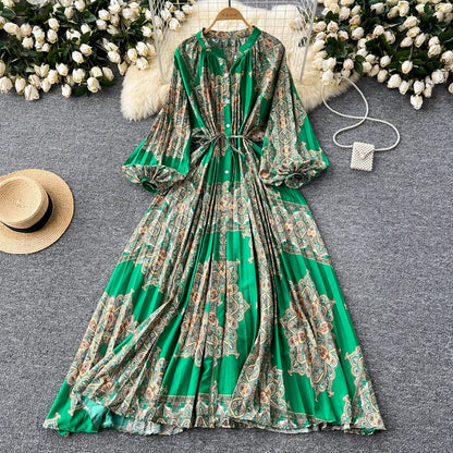 LY0052  New 2025 European Bohemian O-neck Print  MIDI-Length Long Sleeve Dress Women Dresses Clothing Wholesale