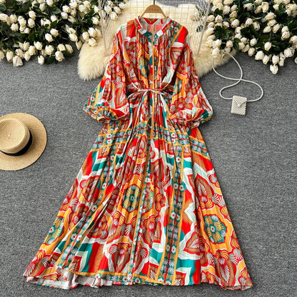 LY0052  New 2025 European Bohemian O-neck Print  MIDI-Length Long Sleeve Dress Women Dresses Clothing Wholesale