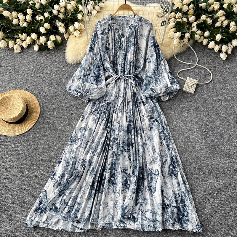 LY0052  New 2025 European Bohemian O-neck Print  MIDI-Length Long Sleeve Dress Women Dresses Clothing Wholesale