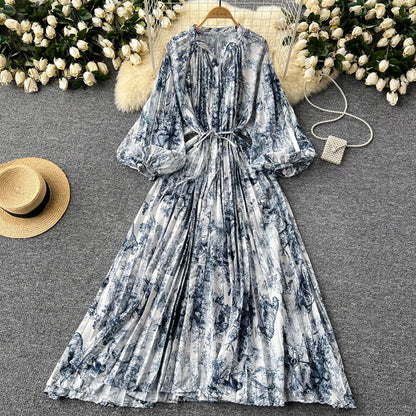 LY0052  New 2025 European Bohemian O-neck Print  MIDI-Length Long Sleeve Dress Women Dresses Clothing Wholesale