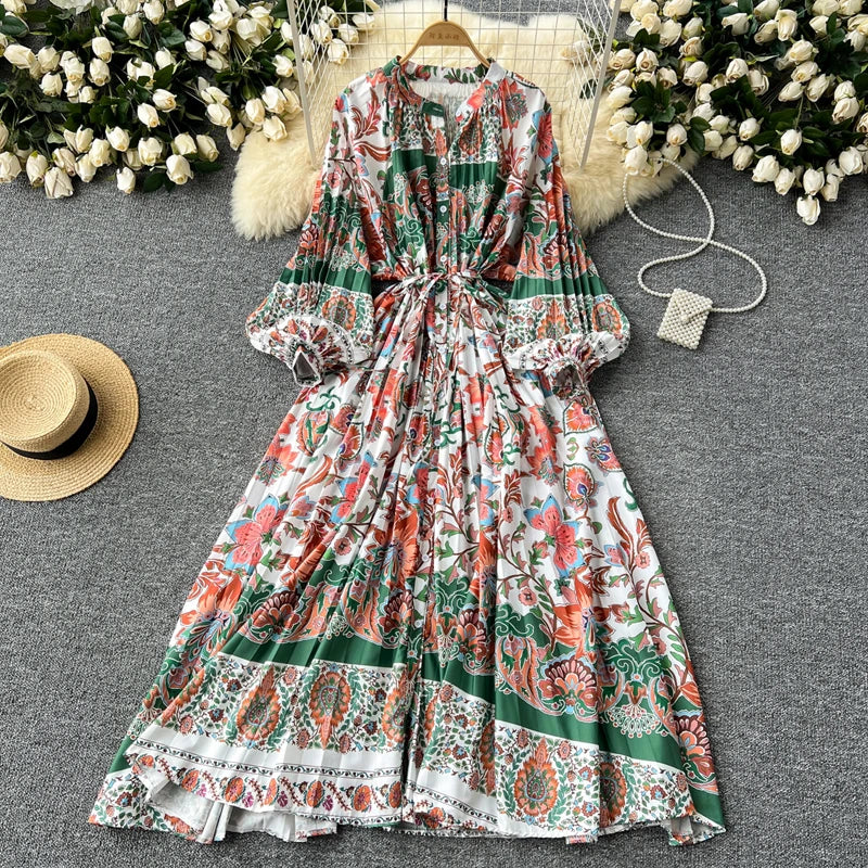 LY0052  New 2025 European Bohemian O-neck Print  MIDI-Length Long Sleeve Dress Women Dresses Clothing Wholesale