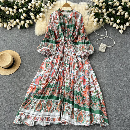 LY0052  New 2025 European Bohemian O-neck Print  MIDI-Length Long Sleeve Dress Women Dresses Clothing Wholesale