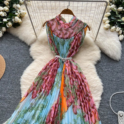 2025 Summer Elegant Tunic Bandage Pleated Midi Dress For Women Empire Printed Shift Lace Dress
