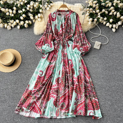 LY0052  New 2025 European Bohemian O-neck Print  MIDI-Length Long Sleeve Dress Women Dresses Clothing Wholesale