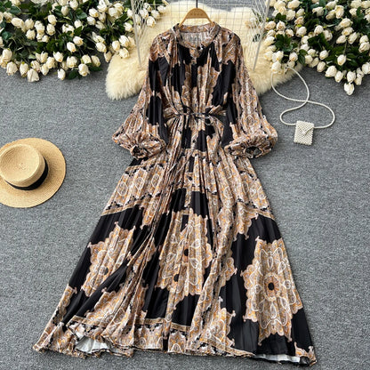 LY0052  New 2025 European Bohemian O-neck Print  MIDI-Length Long Sleeve Dress Women Dresses Clothing Wholesale