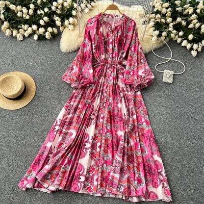 LY0052  New 2025 European Bohemian O-neck Print  MIDI-Length Long Sleeve Dress Women Dresses Clothing Wholesale