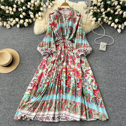 LY0052  New 2025 European Bohemian O-neck Print  MIDI-Length Long Sleeve Dress Women Dresses Clothing Wholesale
