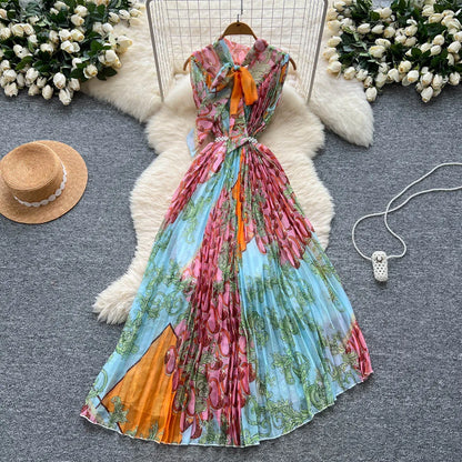 2025 Summer Elegant Tunic Bandage Pleated Midi Dress For Women Empire Printed Shift Lace Dress