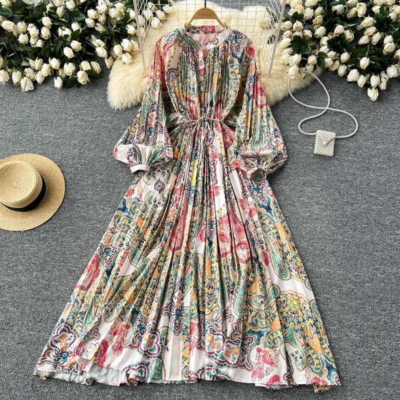 LY0052  New 2025 European Bohemian O-neck Print  MIDI-Length Long Sleeve Dress Women Dresses Clothing Wholesale