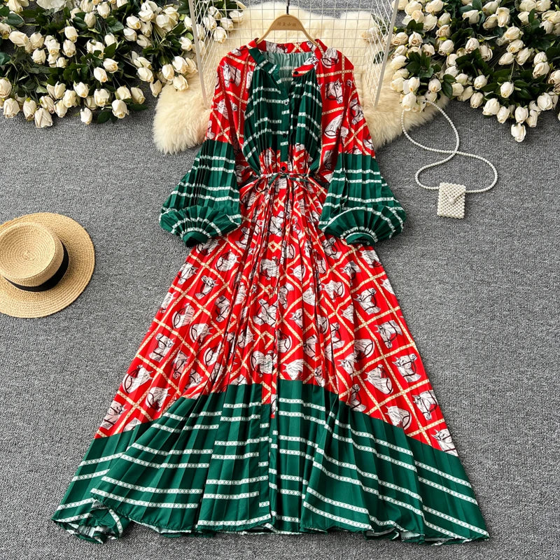 LY0052  New 2025 European Bohemian O-neck Print  MIDI-Length Long Sleeve Dress Women Dresses Clothing Wholesale