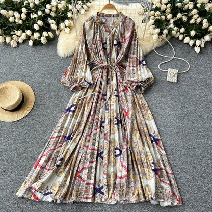 LY0052  New 2025 European Bohemian O-neck Print  MIDI-Length Long Sleeve Dress Women Dresses Clothing Wholesale