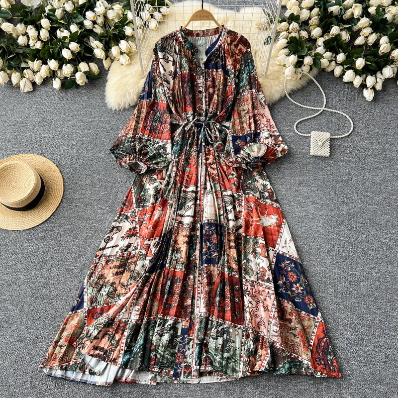 LY0052  New 2025 European Bohemian O-neck Print  MIDI-Length Long Sleeve Dress Women Dresses Clothing Wholesale