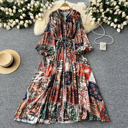 LY0052  New 2025 European Bohemian O-neck Print  MIDI-Length Long Sleeve Dress Women Dresses Clothing Wholesale