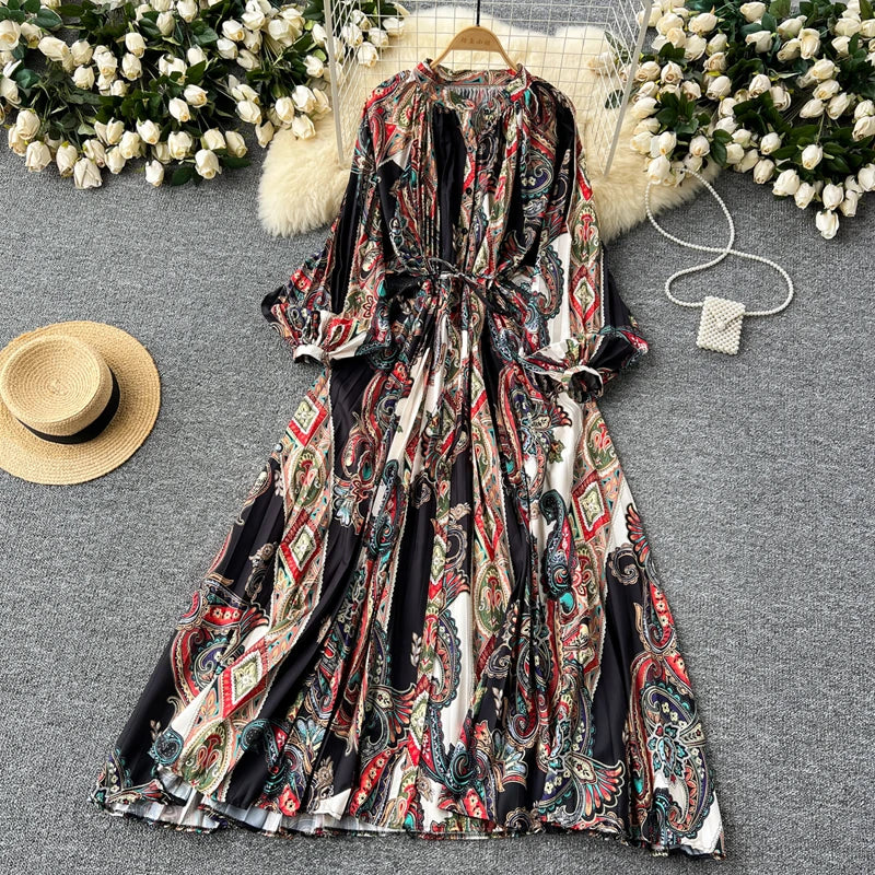 LY0052  New 2025 European Bohemian O-neck Print  MIDI-Length Long Sleeve Dress Women Dresses Clothing Wholesale