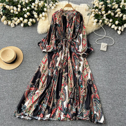 LY0052  New 2025 European Bohemian O-neck Print  MIDI-Length Long Sleeve Dress Women Dresses Clothing Wholesale