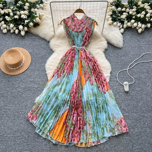 2025 Summer Elegant Tunic Bandage Pleated Midi Dress For Women Empire Printed Shift Lace Dress