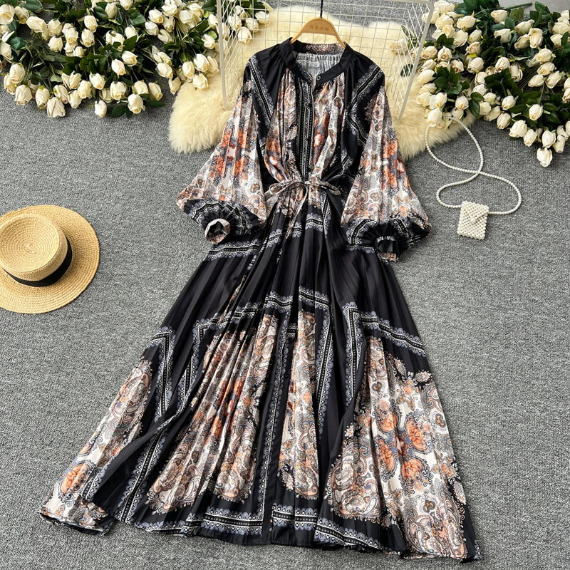 LY0052  New 2025 European Bohemian O-neck Print  MIDI-Length Long Sleeve Dress Women Dresses Clothing Wholesale