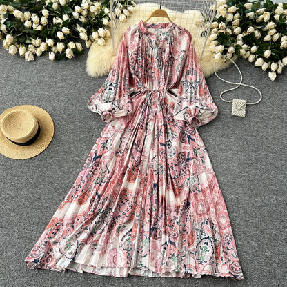 LY0052  New 2025 European Bohemian O-neck Print  MIDI-Length Long Sleeve Dress Women Dresses Clothing Wholesale