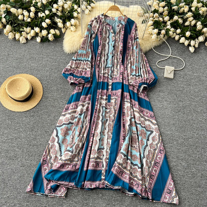LY0052  New 2025 European Bohemian O-neck Print  MIDI-Length Long Sleeve Dress Women Dresses Clothing Wholesale