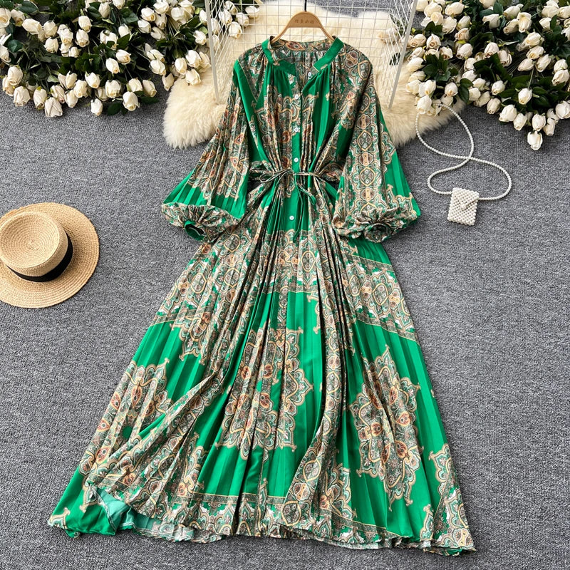 LY0052  New 2025 European Bohemian O-neck Print  MIDI-Length Long Sleeve Dress Women Dresses Clothing Wholesale
