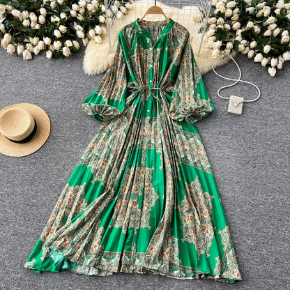 LY0052  New 2025 European Bohemian O-neck Print  MIDI-Length Long Sleeve Dress Women Dresses Clothing Wholesale