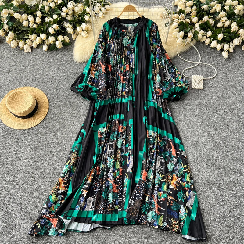 LY0052  New 2025 European Bohemian O-neck Print  MIDI-Length Long Sleeve Dress Women Dresses Clothing Wholesale