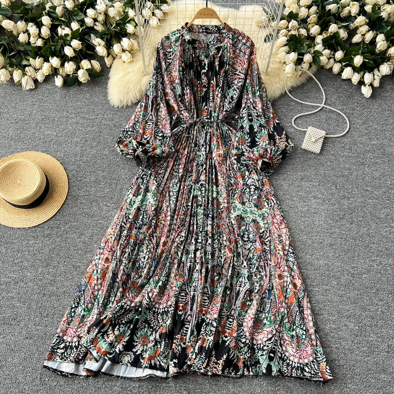 LY0052  New 2025 European Bohemian O-neck Print  MIDI-Length Long Sleeve Dress Women Dresses Clothing Wholesale