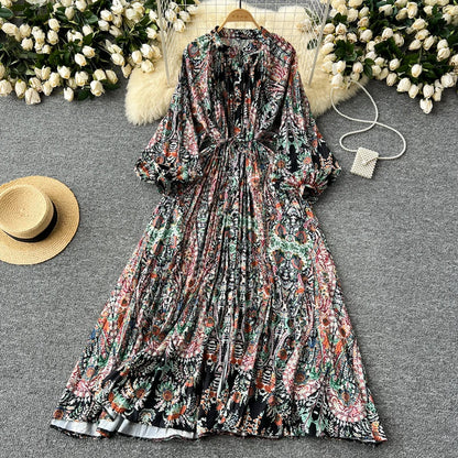 LY0052  New 2025 European Bohemian O-neck Print  MIDI-Length Long Sleeve Dress Women Dresses Clothing Wholesale