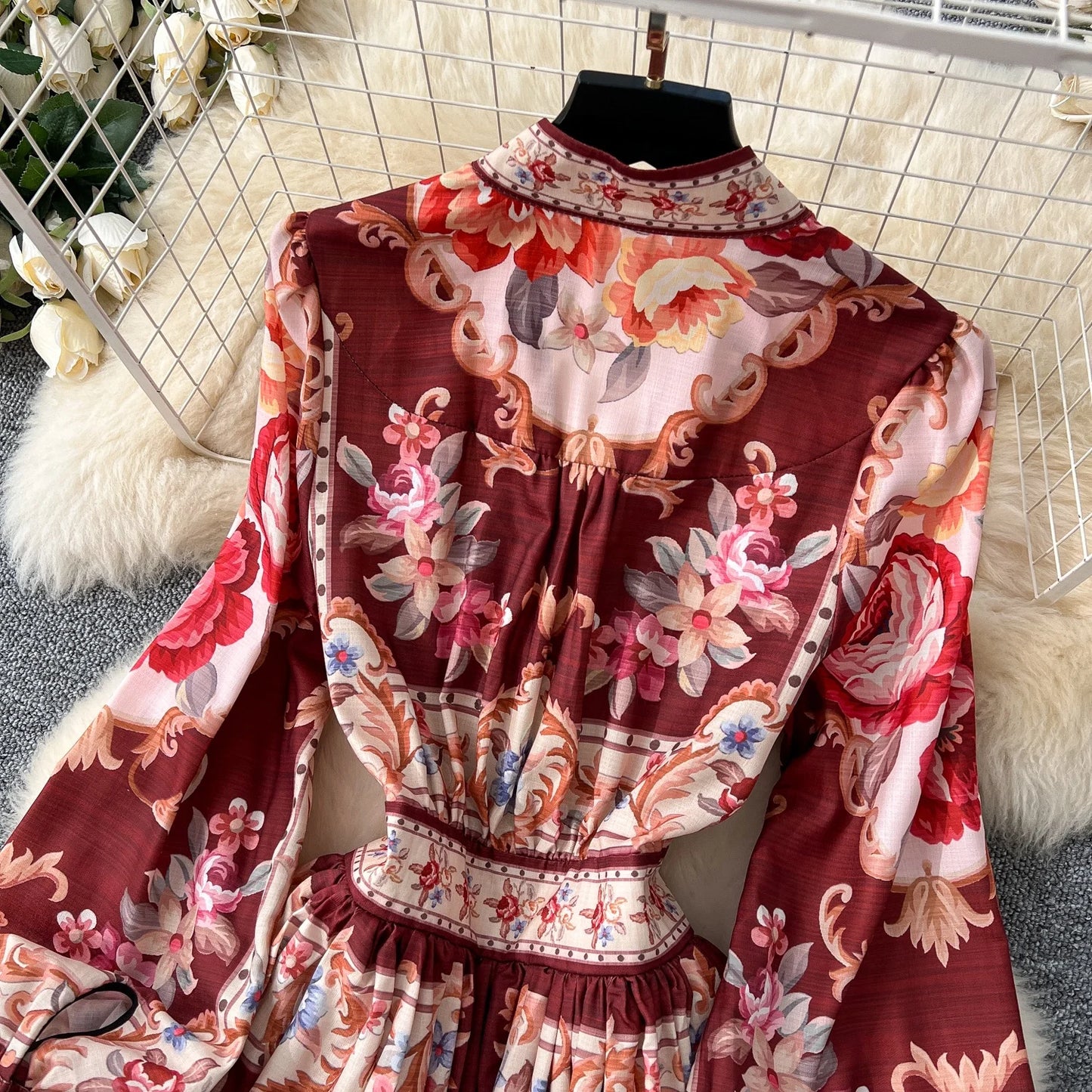 Elegant Vintage V-neck Single Breasted Long Sleeve Waist Print European and American Fashion PleatedL Long Dress