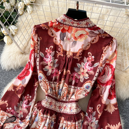 Elegant Vintage V-neck Single Breasted Long Sleeve Waist Print European and American Fashion PleatedL Long Dress