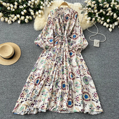 LY0052  New 2025 European Bohemian O-neck Print  MIDI-Length Long Sleeve Dress Women Dresses Clothing Wholesale