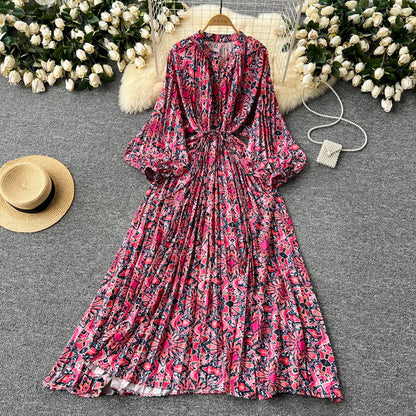 LY0052  New 2025 European Bohemian O-neck Print  MIDI-Length Long Sleeve Dress Women Dresses Clothing Wholesale