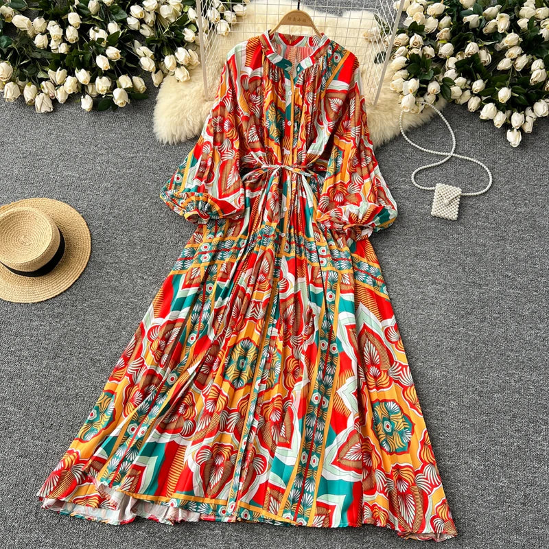 LY0052  New 2025 European Bohemian O-neck Print  MIDI-Length Long Sleeve Dress Women Dresses Clothing Wholesale
