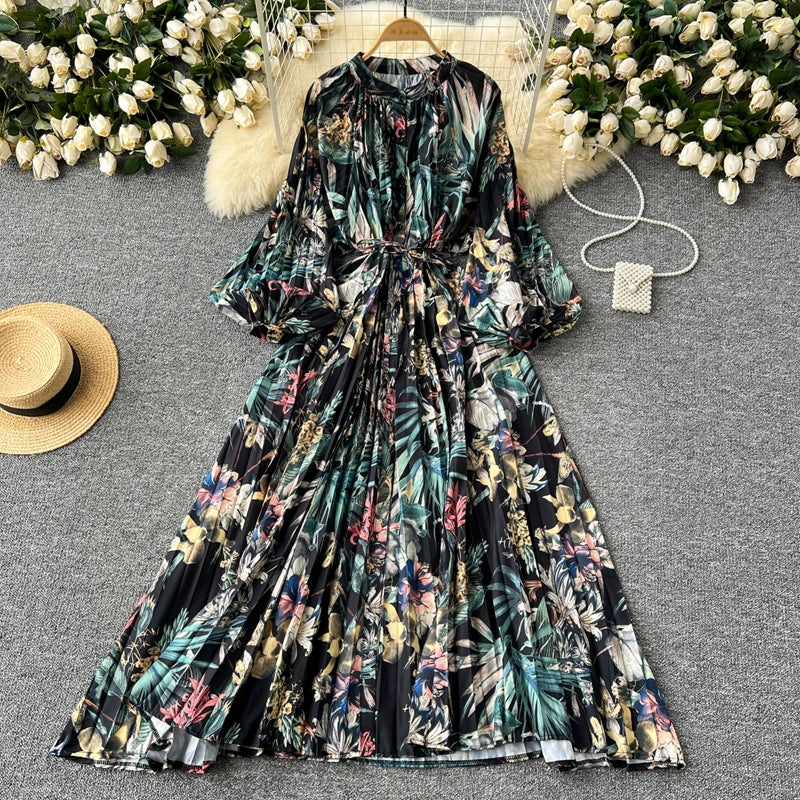 LY0052  New 2025 European Bohemian O-neck Print  MIDI-Length Long Sleeve Dress Women Dresses Clothing Wholesale