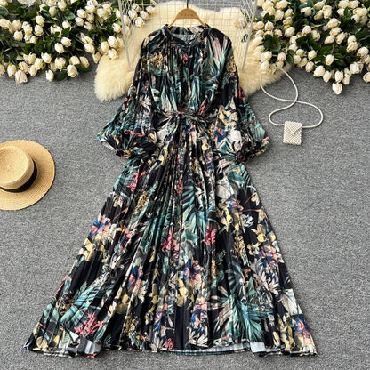 LY0052  New 2025 European Bohemian O-neck Print  MIDI-Length Long Sleeve Dress Women Dresses Clothing Wholesale