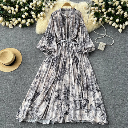 LY0052  New 2025 European Bohemian O-neck Print  MIDI-Length Long Sleeve Dress Women Dresses Clothing Wholesale