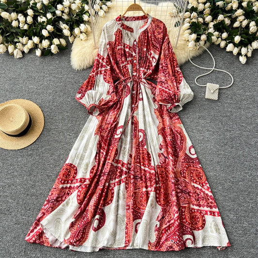 LY0052  New 2025 European Bohemian O-neck Print  MIDI-Length Long Sleeve Dress Women Dresses Clothing Wholesale