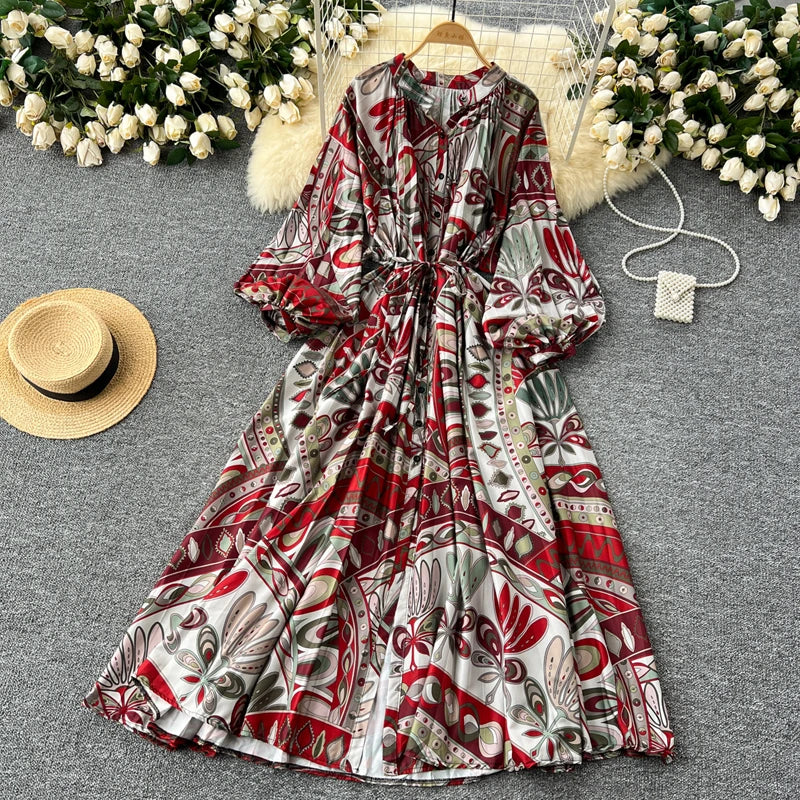 LY0052  New 2025 European Bohemian O-neck Print  MIDI-Length Long Sleeve Dress Women Dresses Clothing Wholesale
